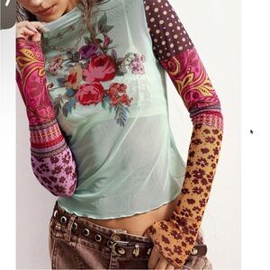Boho Patchwork Long-Sleeve Mesh Top - Mint Multicolor. NWOT